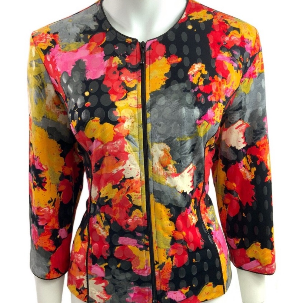 Joseph Ribkoff Blouse Women Size 14 Floral Full Zip 3/4 Sleeve